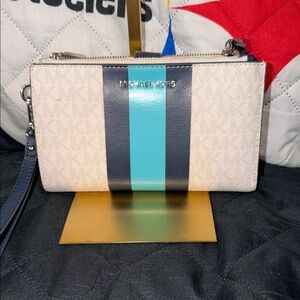 Michael Kors Beige Wristlet with Teal and Navy Stripes
